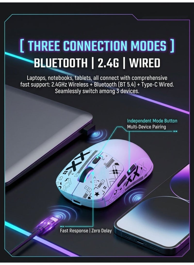 تي- وولف Superlight Mouse with Ribbon, Wireless/Wired BT/2.4G Gaming Mouse, 6 DPI Adjustable up to 8000, 65-Hour Battery (White & with Sticker) - Image 5