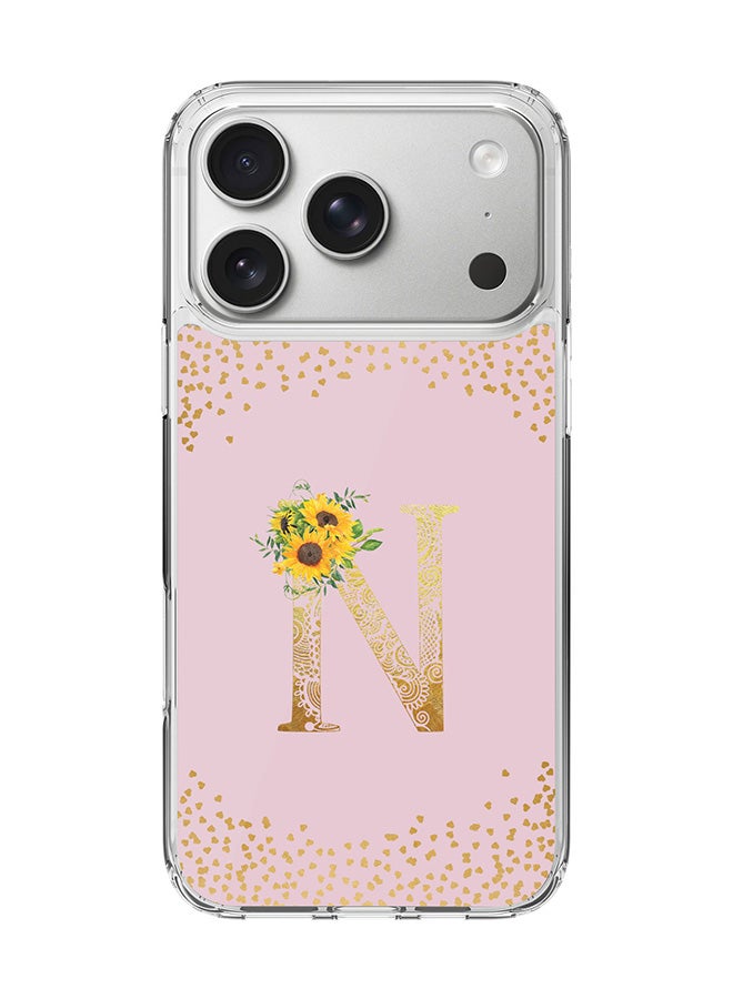 Stylizedd Classic Clear MagSafe Case for iPhone 17 Pro , Hybrid Soft Case Flexible Edges Anti Drop TPU PC Gel Thin Transparent Cover [ Designed for iPhone 17 Pro ] - Custom Monogram Initial Letter Floral Pattern Alphabet - N  (Pink )