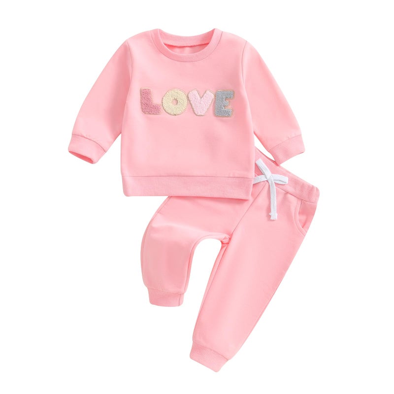 Socutebabe Baby Girl Clothes Newborn Infant Fall Winter Outfits Love Embroidery Long Sleeve Crewneck Sweatshirts Pants 0-24M (Pink, 3-6 Months) - Image 1