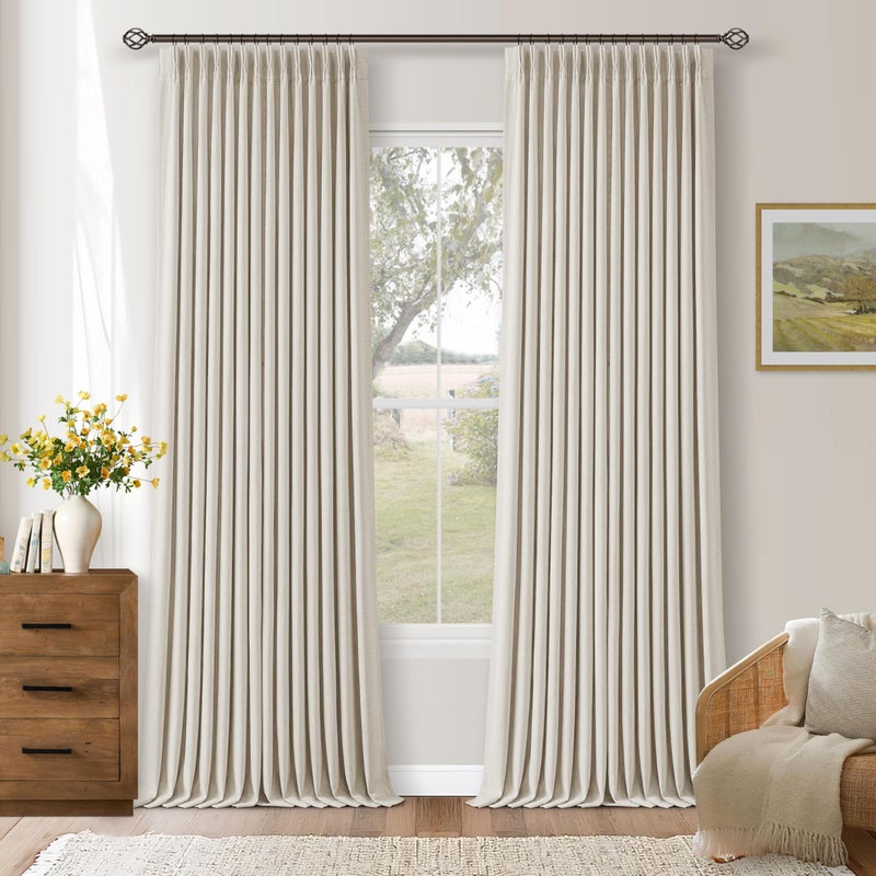TWODRAPES 105 Inch Blackout Linen Curtains Pinch Pleat for Bedroom Living Room Darkening Neutral Pleated 100% Black Out Thermal Insulated Window Drapes Double Layer Soundproof Curtains 2 Panels Ivory Natural - Image 1