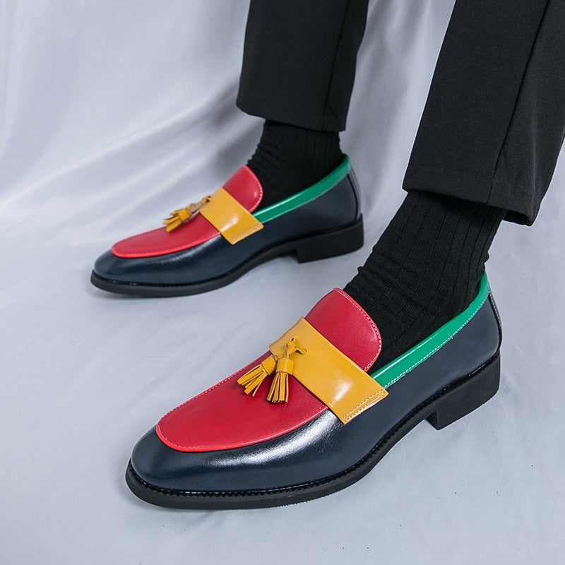 Men'S Shoes Large Size Contrasting Beggar Shoes Slip-On Loafers Open Smile Leather Shoes Retro Trendy Color Matching Tassel Shoes - Image 2