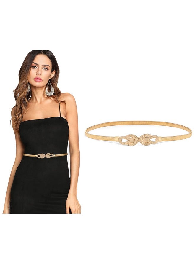 LEACOOLKEY - Women Metal Skinny Belt For Dress Gold Elastic Thin Waist Belt Stretch Dress Belt - Image 1