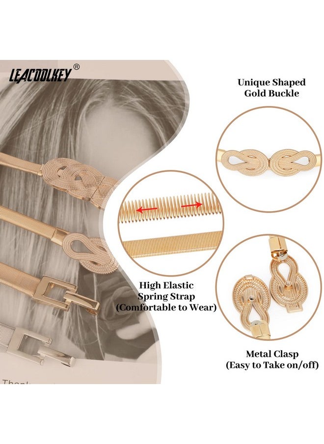 LEACOOLKEY - Women Metal Skinny Belt For Dress Gold Elastic Thin Waist Belt Stretch Dress Belt - Image 1