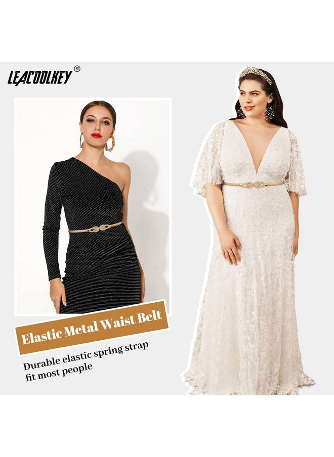 LEACOOLKEY - Women Metal Skinny Belt For Dress Gold Elastic Thin Waist Belt Stretch Dress Belt - Image 1