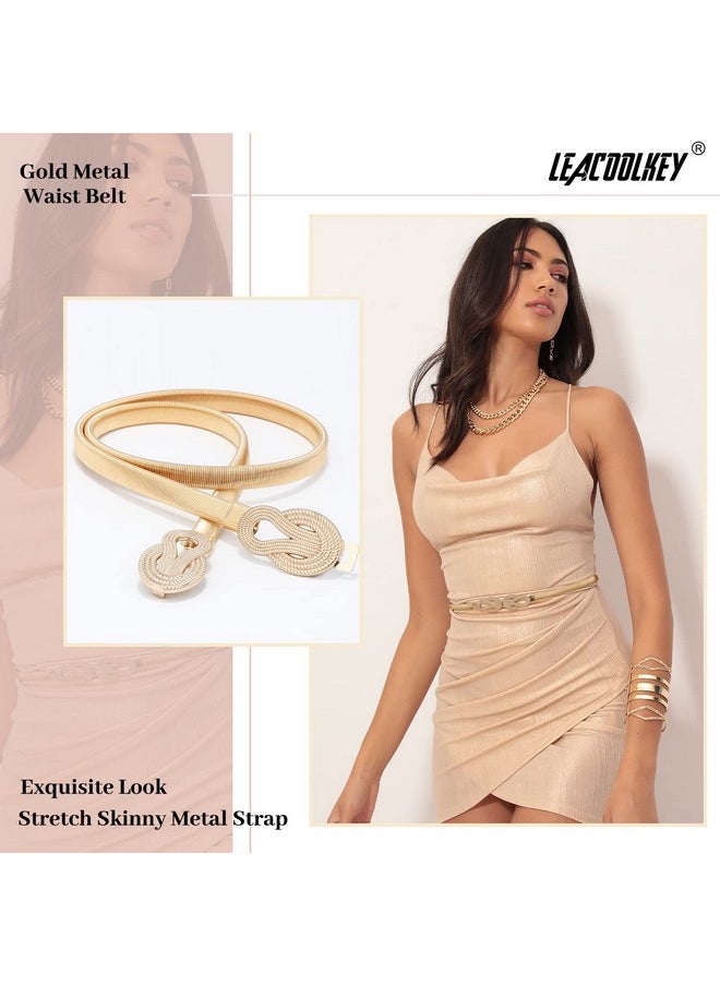 LEACOOLKEY - Women Metal Skinny Belt For Dress Gold Elastic Thin Waist Belt Stretch Dress Belt - Image 1