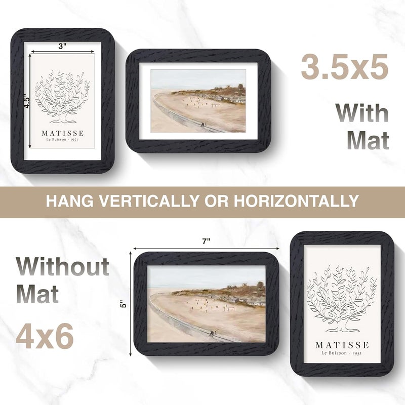 FLYJOE 4x6 Solid Oak Wood Picture Frame | 4x6 With Mat For 3.5x5 | Plexiglass Hanging Hardware Included | Black, 1 Pack - Image 3