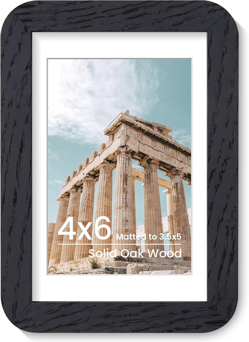 FLYJOE 4x6 Solid Oak Wood Picture Frame | 4x6 With Mat For 3.5x5 | Plexiglass Hanging Hardware Included | Black, 1 Pack - Image 1