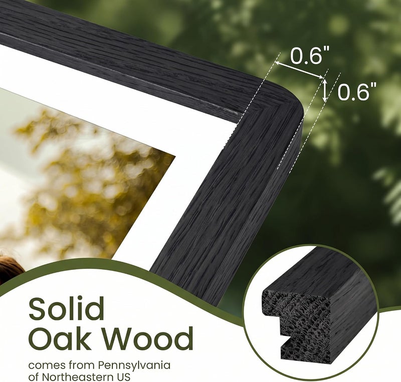 FLYJOE 4x6 Solid Oak Wood Picture Frame | 4x6 With Mat For 3.5x5 | Plexiglass Hanging Hardware Included | Black, 1 Pack - Image 4