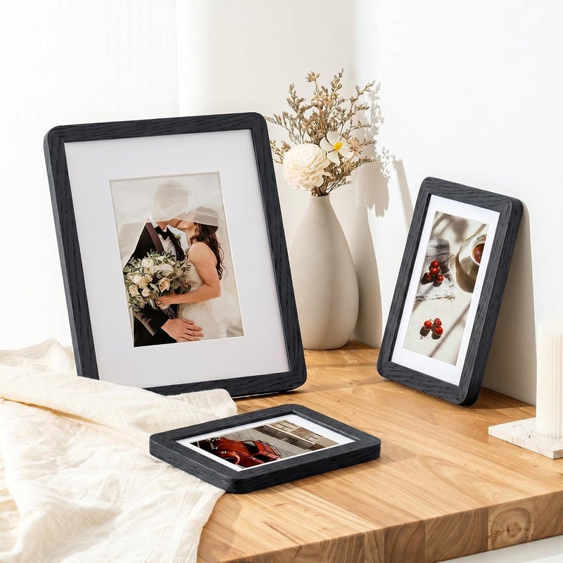 FLYJOE 4x6 Solid Oak Wood Picture Frame | 4x6 With Mat For 3.5x5 | Plexiglass Hanging Hardware Included | Black, 1 Pack - Image 2