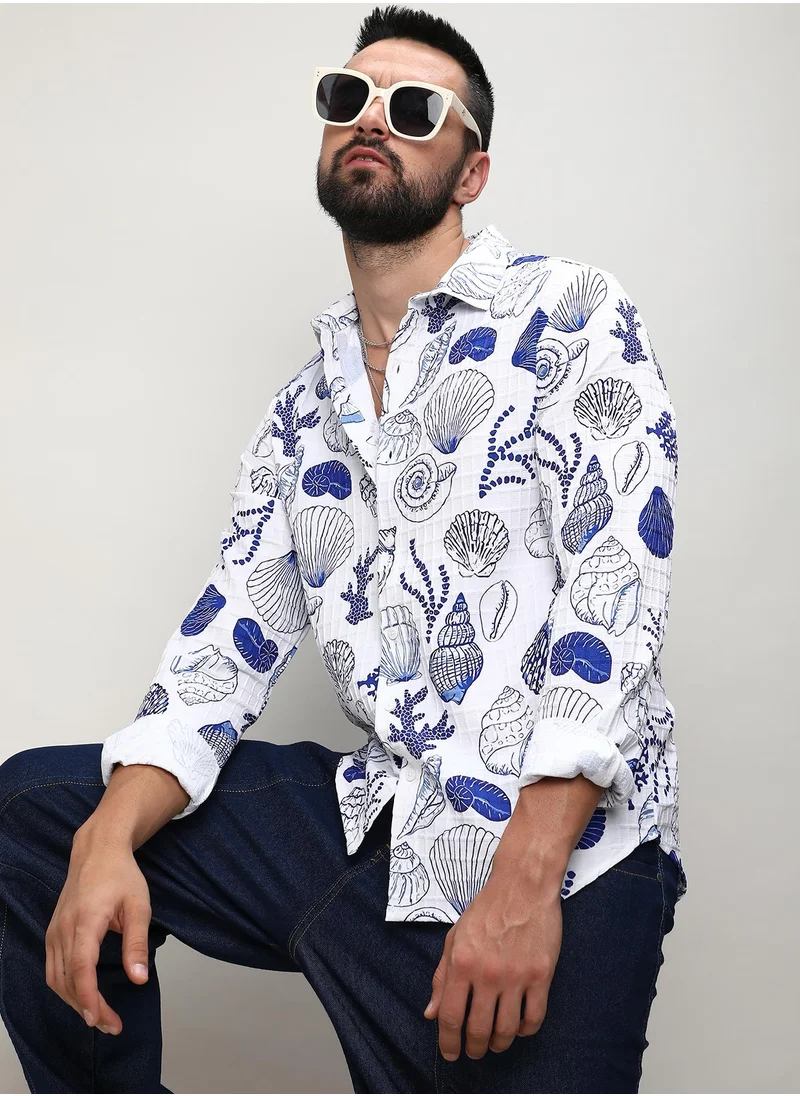 Campus Sutra Men's Chalk White:Indigo Blue Seashell Shirt