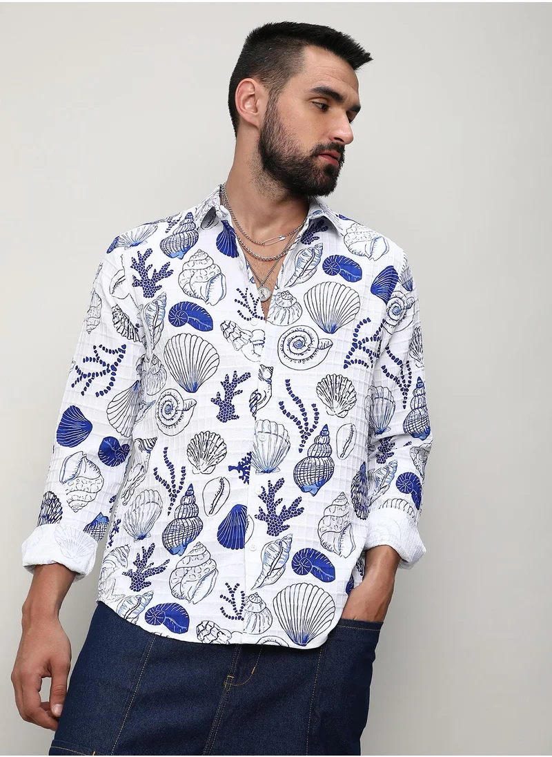 Campus Sutra Men's Chalk White:Indigo Blue Seashell Shirt