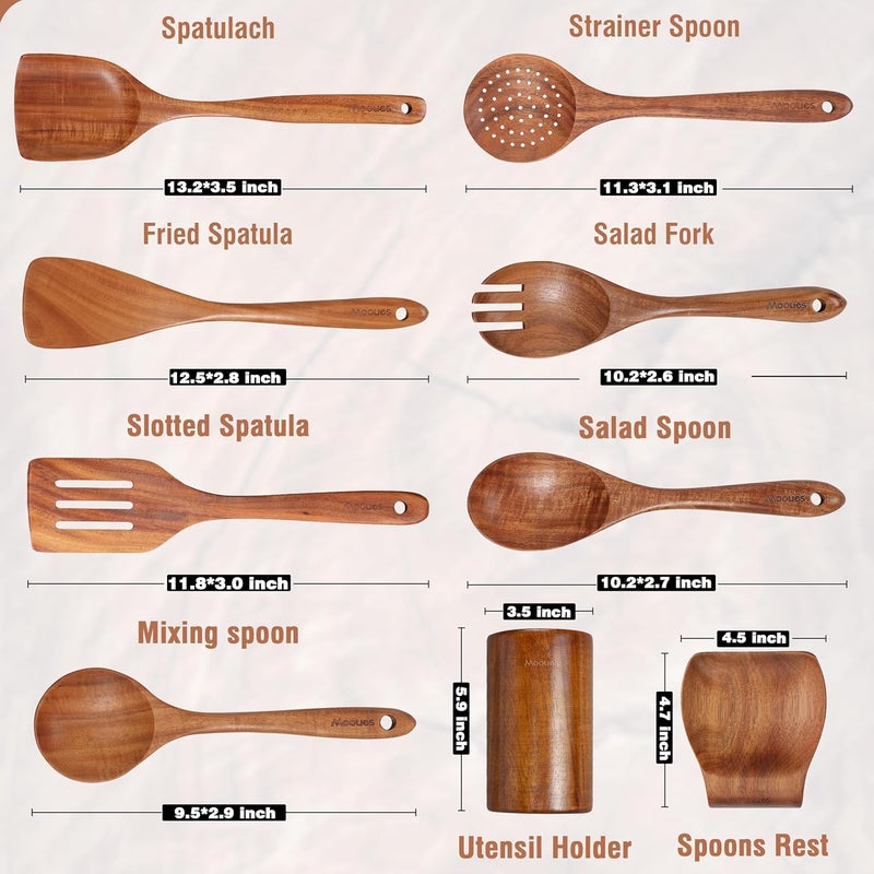 Mooues 9 Piece Natural Teak Wooden Kitchen Utensil Set with Spoon Rest - Comfort Grip Cooking Spoons and Utensils Holder - Image 3