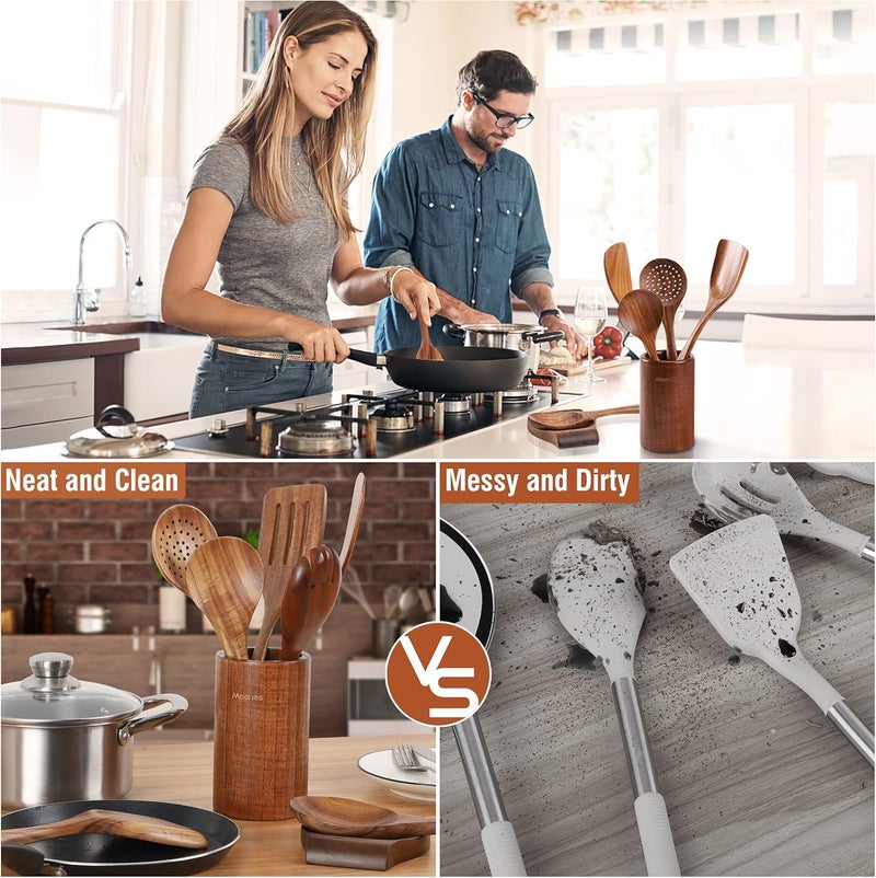 Mooues 9 Piece Natural Teak Wooden Kitchen Utensil Set with Spoon Rest - Comfort Grip Cooking Spoons and Utensils Holder - Image 5