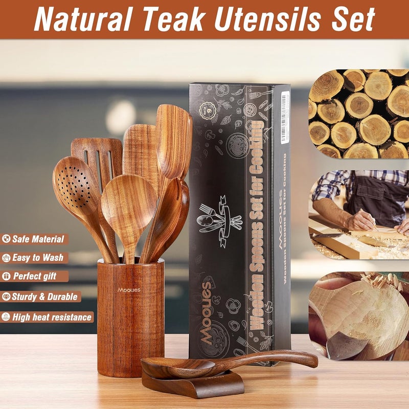 Mooues 9 Piece Natural Teak Wooden Kitchen Utensil Set with Spoon Rest - Comfort Grip Cooking Spoons and Utensils Holder - Image 2