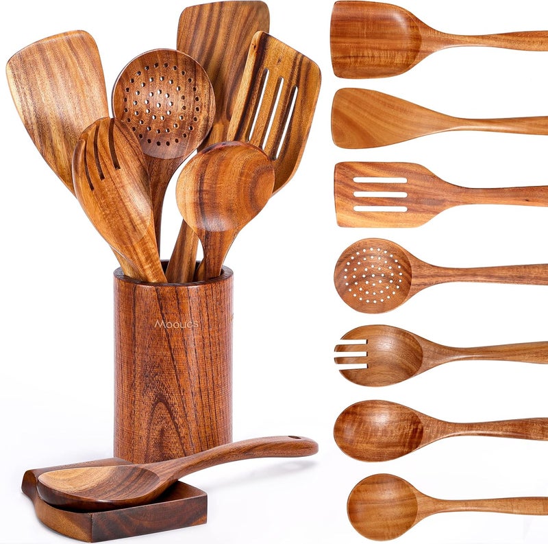 Mooues 9 Piece Natural Teak Wooden Kitchen Utensil Set with Spoon Rest - Comfort Grip Cooking Spoons and Utensils Holder - Image 1