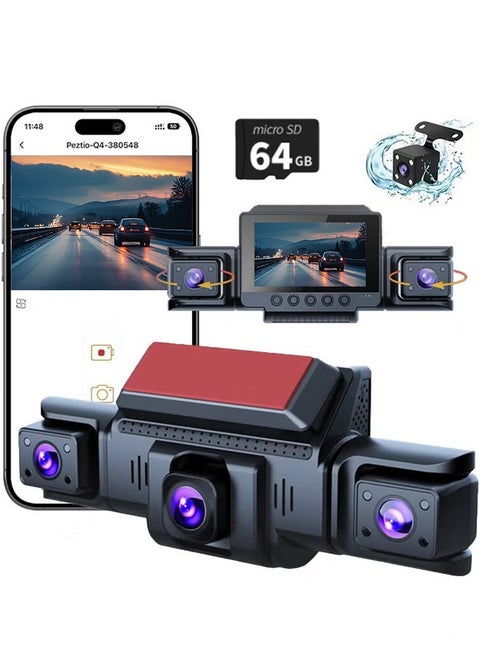 كاميرا Dash Cam أمامية وخلفية أمامية وخلفية بزاوية 360 درجة 4 قنوات FHD 1080P، مع تسجيل حلقات، بطاقة TF بسعة 64 جيجابايت، مستشعر G، كاميرا Dash 2025