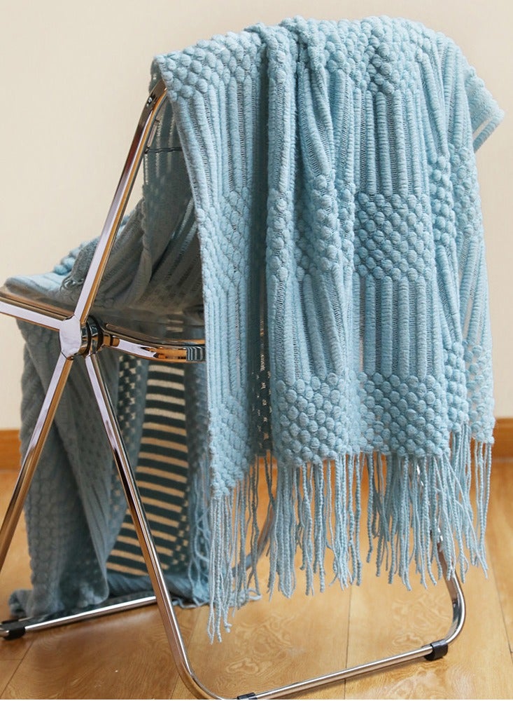 Loquat Tassel Design Textured Soft Throw Blanket Keep Warm Lake Blue 