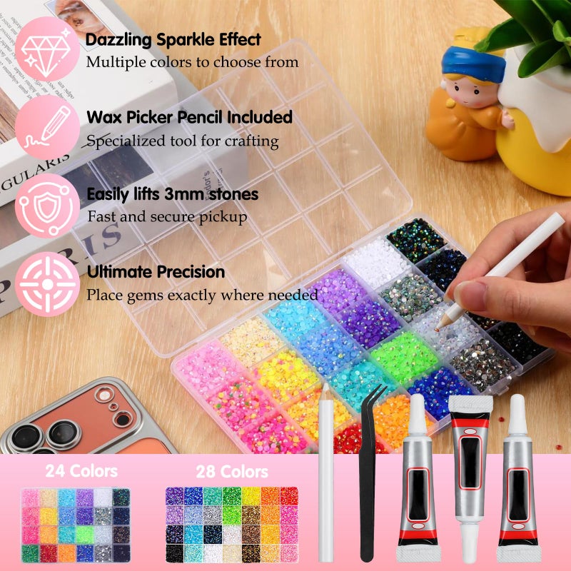 Compensai Colorful DIY Resin Rhinestone Kit for Bedazzling,Resin Jelly Rhinestones for Bedazzling,Multicolor Flatback Gems for Diamond Art 3Pcs Jewelry Glue for Bedazzled Nail Art (24000) - Image 2