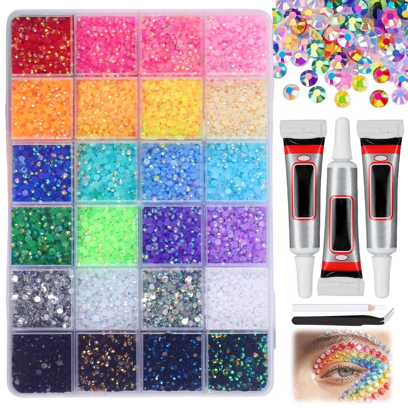 Compensai Colorful DIY Resin Rhinestone Kit for Bedazzling,Resin Jelly Rhinestones for Bedazzling,Multicolor Flatback Gems for Diamond Art 3Pcs Jewelry Glue for Bedazzled Nail Art (24000) - Image 1