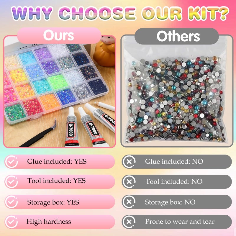 Compensai Colorful DIY Resin Rhinestone Kit for Bedazzling,Resin Jelly Rhinestones for Bedazzling,Multicolor Flatback Gems for Diamond Art 3Pcs Jewelry Glue for Bedazzled Nail Art (24000) - Image 4