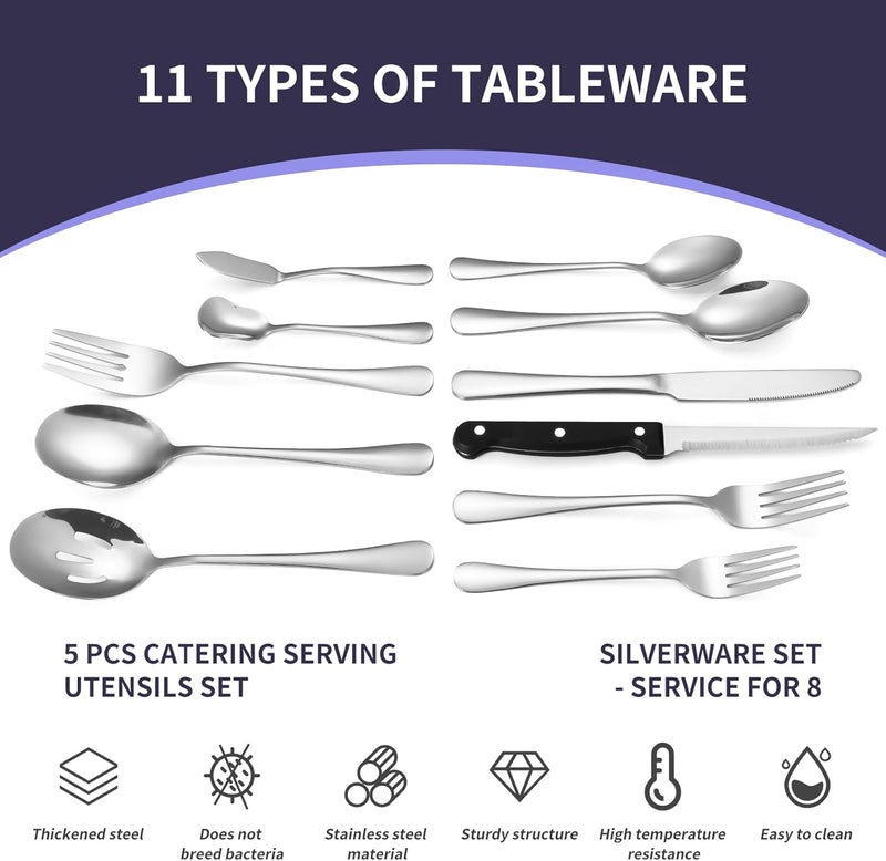 Lazycorner 53 Piece Silverware Set for 8 Flatware Set with Steak Knives for 8 and 5 Public Serving Use Set 1810 Stainless Steel Serving Utensils Set Cutlery Set For Restaurant Hotel Dishwasher Safe - Image 2