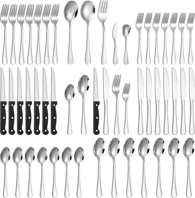 Lazycorner 53 Piece Silverware Set for 8 Flatware Set with Steak Knives for 8 and 5 Public Serving Use Set 1810 Stainless Steel Serving Utensils Set Cutlery Set For Restaurant Hotel Dishwasher Safe - Image 1
