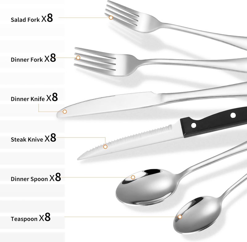 Lazycorner 53 Piece Silverware Set for 8 Flatware Set with Steak Knives for 8 and 5 Public Serving Use Set 1810 Stainless Steel Serving Utensils Set Cutlery Set For Restaurant Hotel Dishwasher Safe - Image 5