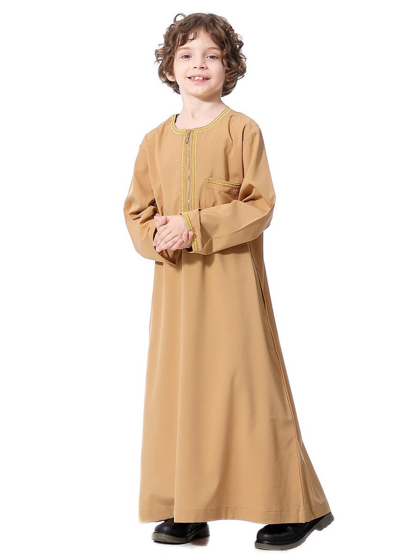 إسكدنيا Boys Muslim Clothing Long Sleeve Kaftan Embroidered Robe With Pockets And Zipper Islamic Arabic Abaya Clothes Camel Color  - Image 1
