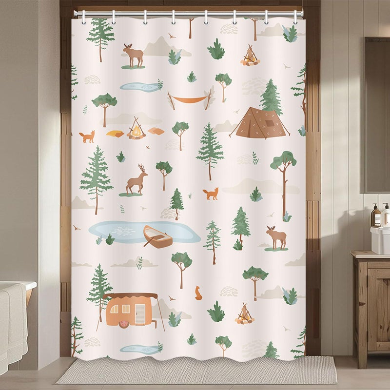 Boziqr Camper RV Shower Curtain Travel Trailer Bathroom Accessories Wild Life Deer Moose Forest Decor Camping Shower Stall Curtains 47x64 Inches Beige 