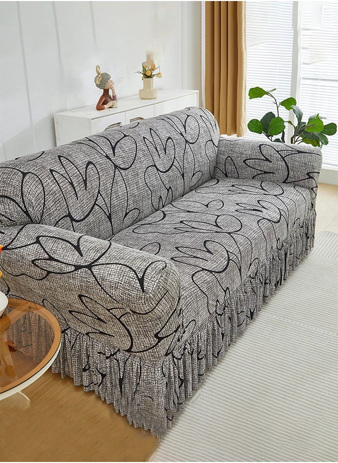Arabest sofa cover 3 seater black line pattern sofa cover super elastic wrinkle-free all-inclusive Couch Slipcover with skirt delicate and delicate non-slip and flexible vegetarian lotus pattern Sofa Slipcover gray 190-230CM  - Image 5
