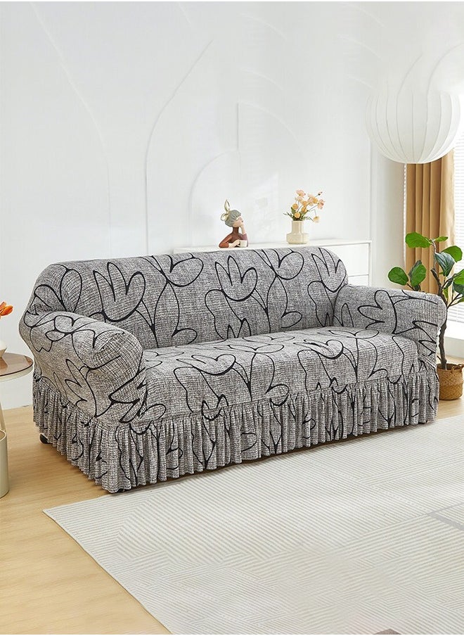 Arabest sofa cover 3 seater black line pattern sofa cover super elastic wrinkle-free all-inclusive Couch Slipcover with skirt delicate and delicate non-slip and flexible vegetarian lotus pattern Sofa Slipcover gray 190-230CM  - Image 3