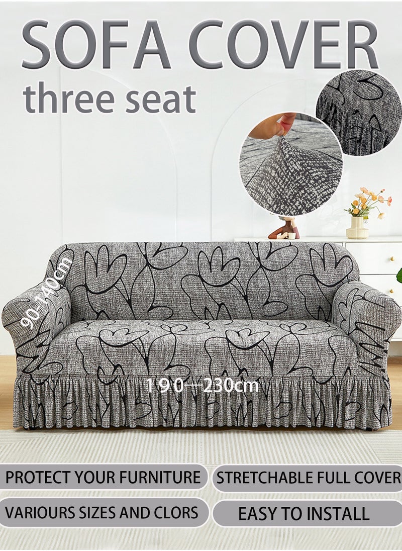 Arabest sofa cover 3 seater black line pattern sofa cover super elastic wrinkle-free all-inclusive Couch Slipcover with skirt delicate and delicate non-slip and flexible vegetarian lotus pattern Sofa Slipcover gray 190-230CM  - Image 1