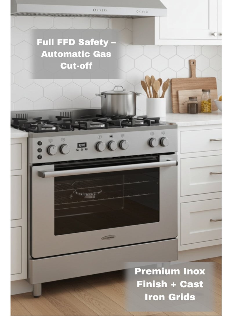 Generalgold 90x60cm Gas Cooker with 5 Italian Sabaf Burners, Wok Burner, Full FFD Safety, Turbo Fan Oven, Dishwarmer & Black Glass Top – LPG Adjusted - Image 3