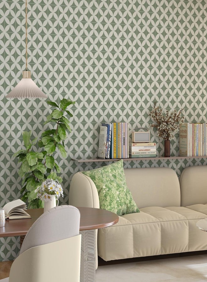 Theper Green Beige Geometric Wallpaper Peel and Stick Wallpaper Boho 17.3"×78.8"Green Wallpaper Removable Self Adhesive Wallpaper for Bathroom Kitchen Backsplash Contact Paper for Cabinets and Drawers Vinyl - Image 4