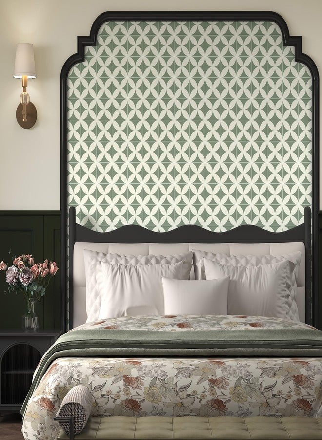Theper Green Beige Geometric Wallpaper Peel and Stick Wallpaper Boho 17.3"×78.8"Green Wallpaper Removable Self Adhesive Wallpaper for Bathroom Kitchen Backsplash Contact Paper for Cabinets and Drawers Vinyl - Image 2
