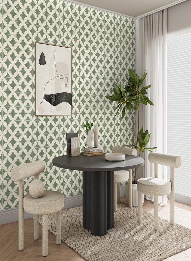 Theper Green Beige Geometric Wallpaper Peel and Stick Wallpaper Boho 17.3"×78.8"Green Wallpaper Removable Self Adhesive Wallpaper for Bathroom Kitchen Backsplash Contact Paper for Cabinets and Drawers Vinyl - Image 5