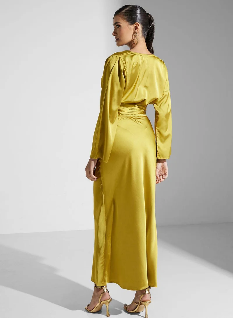 Golden Apple V-Neck Satin Dress