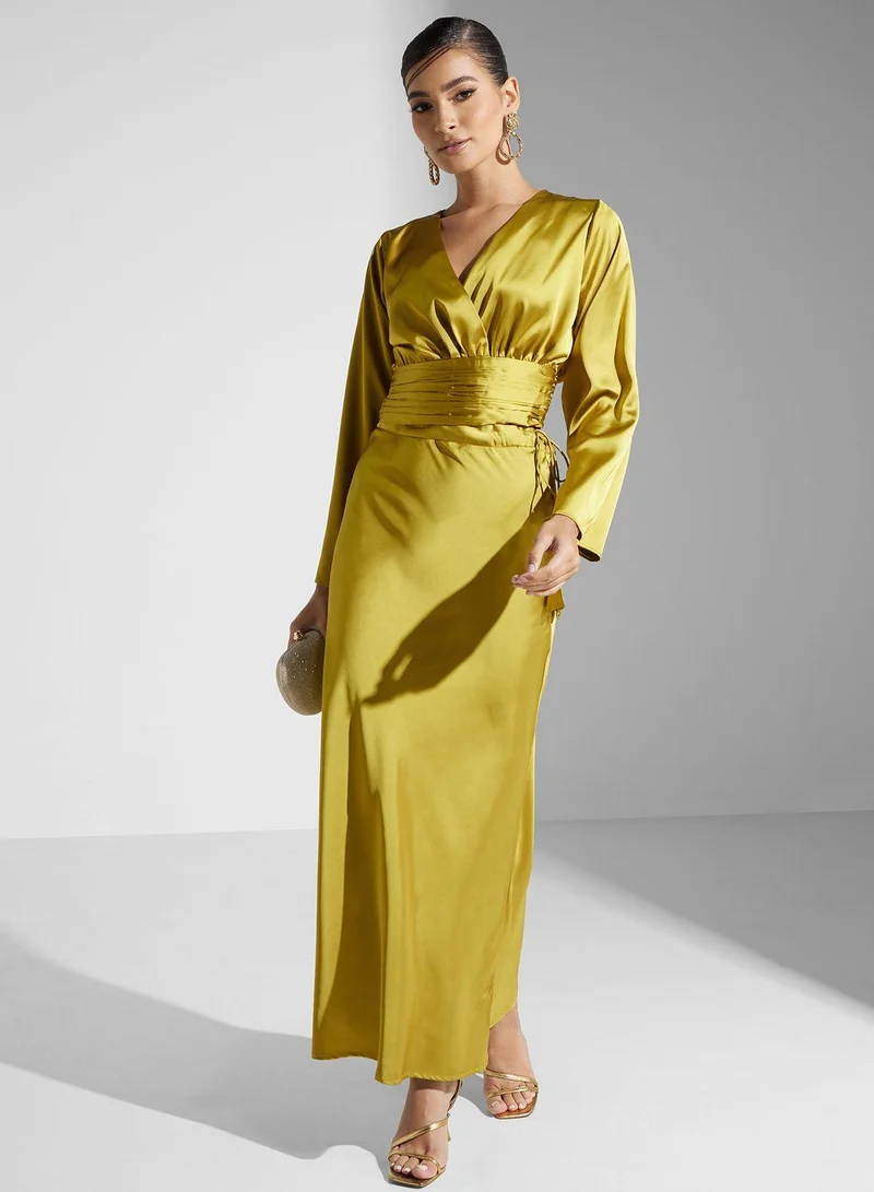 Golden Apple V-Neck Satin Dress