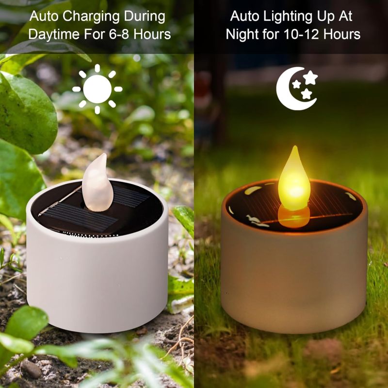 مجموعة شموع شمسية صغيرة مكونة من 6 قطع باللون الأصفر - شمعة LED صغيرة مقاومة للماء وعديمة اللهب ذات تأثير اللهب المتراقص - قابلة لإعادة الاستخدام وتعمل بالطاقة الشمسية لتزيين الحديقة الخارجية والديكور المنزلي - Image 3