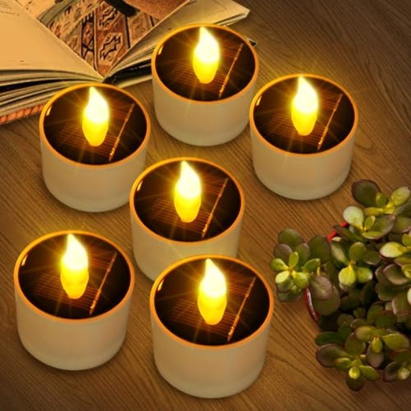 مجموعة شموع شمسية صغيرة مكونة من 6 قطع باللون الأصفر - شمعة LED صغيرة مقاومة للماء وعديمة اللهب ذات تأثير اللهب المتراقص - قابلة لإعادة الاستخدام وتعمل بالطاقة الشمسية لتزيين الحديقة الخارجية والديكور المنزلي - Image 1