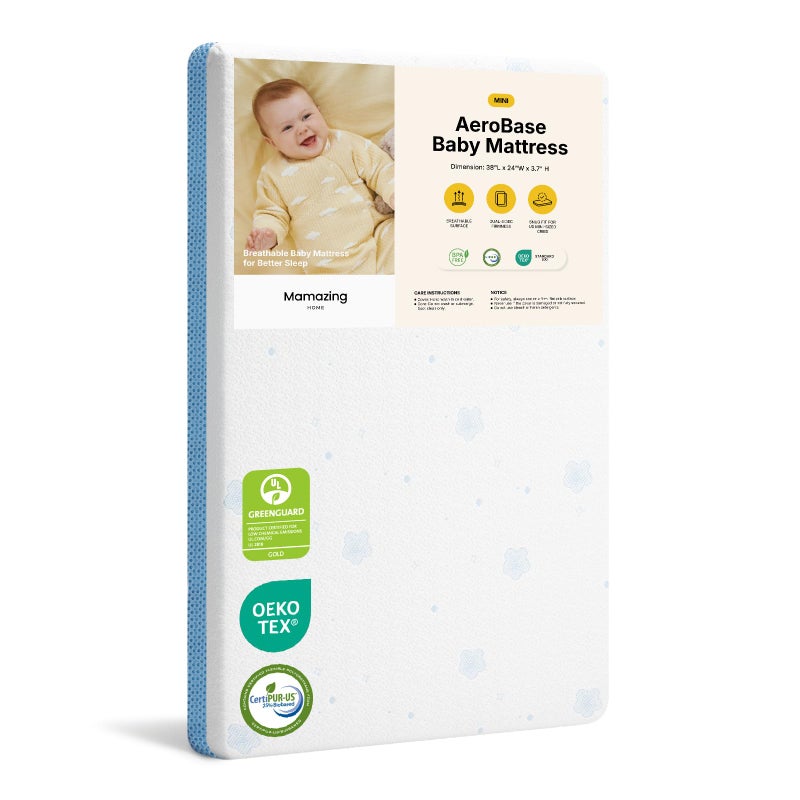 MAMAZING Aerobase Mini Crib Mattress 38" L x 24" W, 2-Stage Breathable Mattress, Non-Toxic, Waterproof Sleep Surface, Machine-Washable Outer Cover for Easy Care, Fits Mini Size & Portable Crib - Image 1