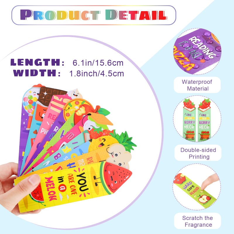 Eersida 30 Pieces Scratch and Sniff Scented Bookmarks Kids Fruit Food Theme Sayings Bookmarks Sayings Assorted Cute Scented Gifts for Students Teens Food Lovers, 10 Styles - Image 2