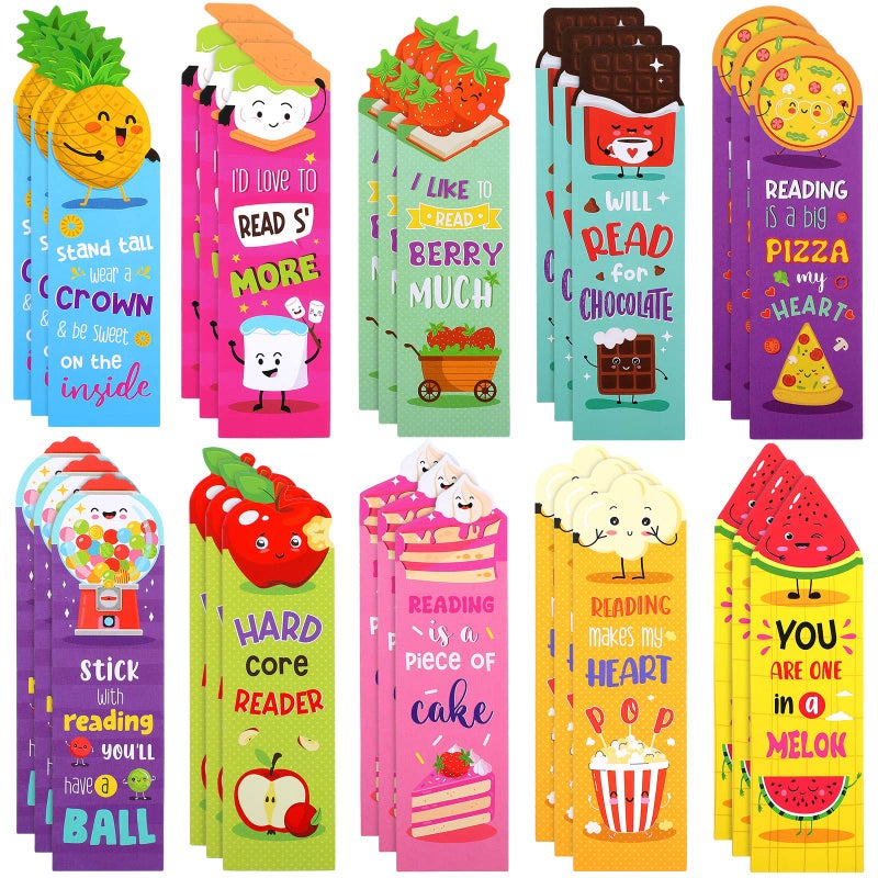 Eersida 30 Pieces Scratch and Sniff Scented Bookmarks Kids Fruit Food Theme Sayings Bookmarks Sayings Assorted Cute Scented Gifts for Students Teens Food Lovers, 10 Styles - Image 1