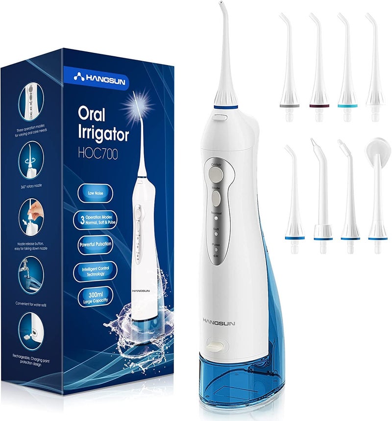 Hangsun Water Flossers for Teeth Cordless Rechargeable Dental Oral Irrigator Water Jet for Teeth Braces Care with 8 Jet Tips for Travel and Home Use White