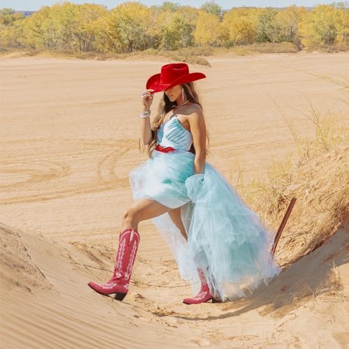 Ouepiano Red Cowboy Boots for Women Cowgirl Knee High Boots with Classic Embroidered Pull On Pointed Toe Chunky Heel Vintage Wedding Country Tall Western Boots Size 7.5 - Image 3