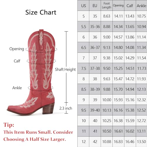 Ouepiano Red Cowboy Boots for Women Cowgirl Knee High Boots with Classic Embroidered Pull On Pointed Toe Chunky Heel Vintage Wedding Country Tall Western Boots Size 7.5 - Image 2