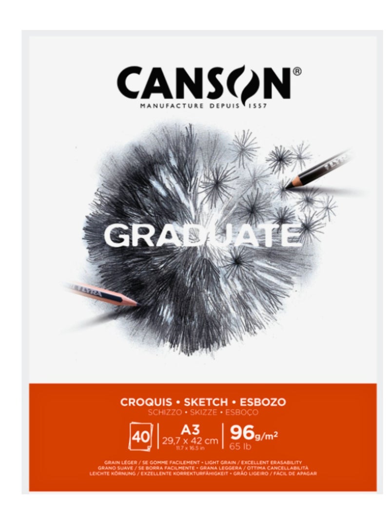 CANSON 40 Sheets Graduate Light Grain 96gsm A3 Sketch Paper Pad - Image 1