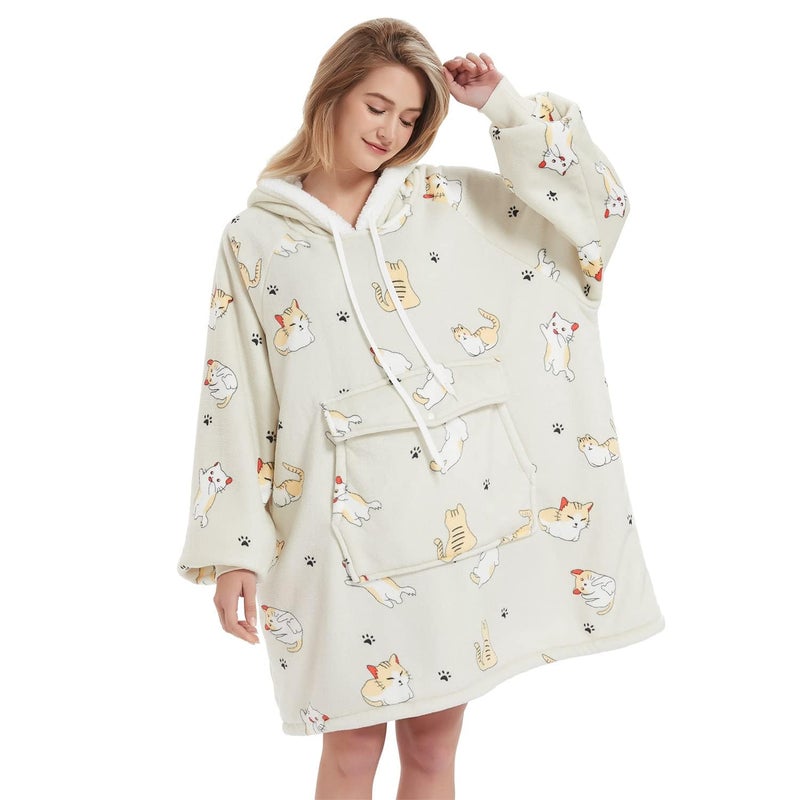 Qeils Wearable Blanket Hoodie for Women Comfy Sherpa Sweatshirt Blanket as Birthday Christmas Gifts Oversized Pullover Jacket Blanket Hoodie for Adult Cat Adult