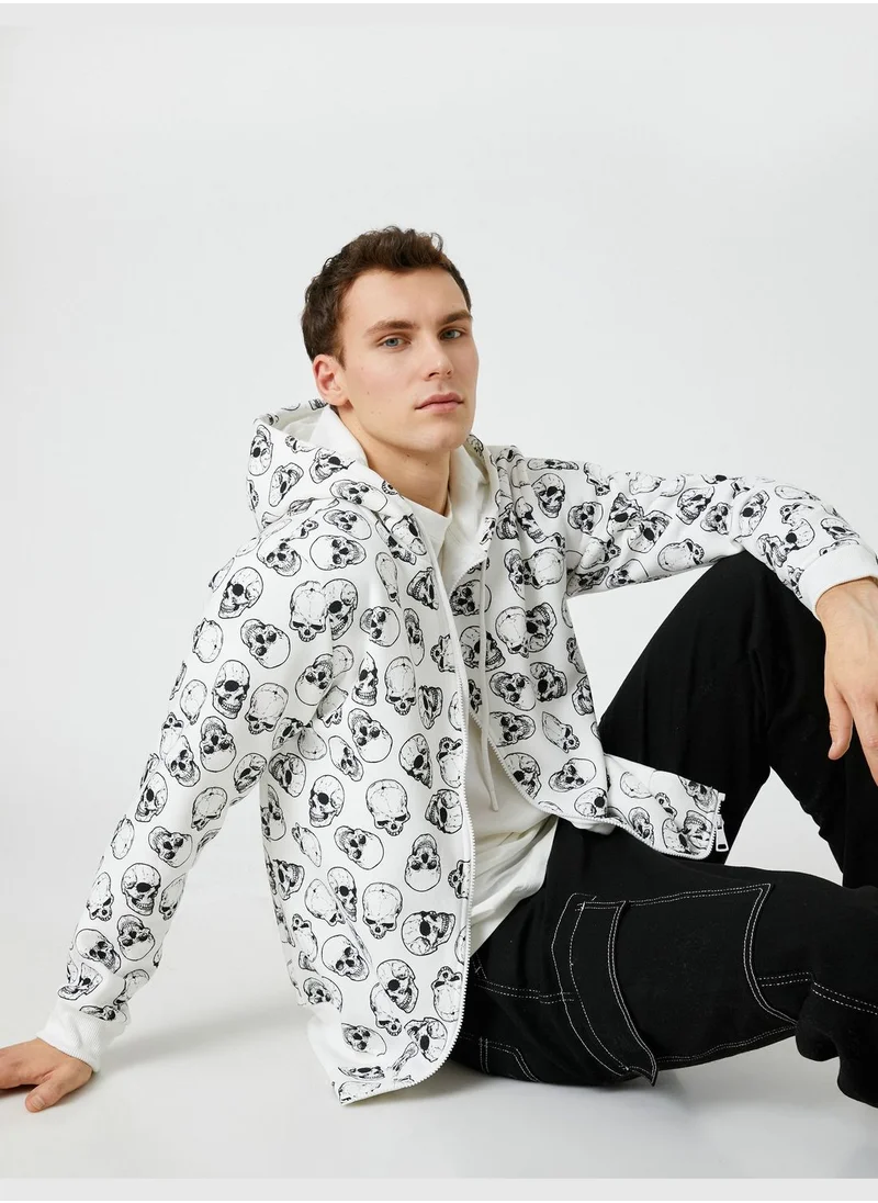 كوتون Zippered Hoodie Skull Printed Pocket Detailed