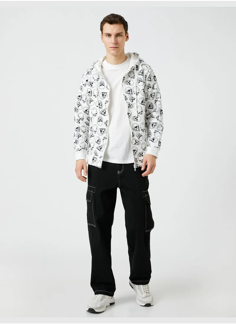 كوتون Zippered Hoodie Skull Printed Pocket Detailed